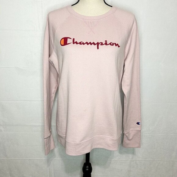 Champion Sweater Womens Sz M Pink Pullover Sweatshirt Athleisure Spell Out - Picture 1 of 8